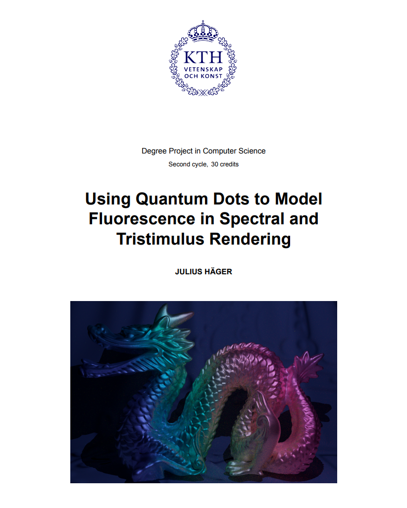 Image showing the front page of the masters thesis, with the title and a fluorescent dragon illuminated by a blacklight.